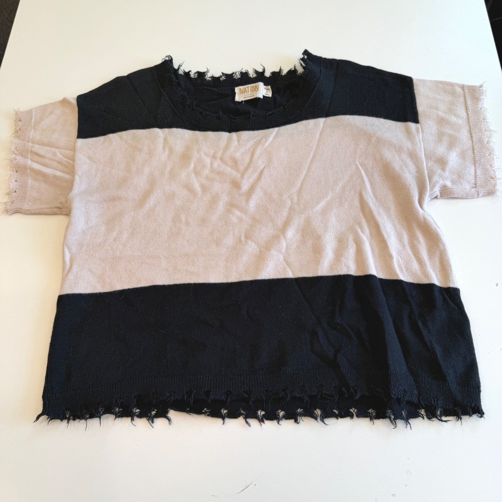 Nation LTD Women Distressed Striped Knit Sweater Alpaca Cotton Black Tan Small